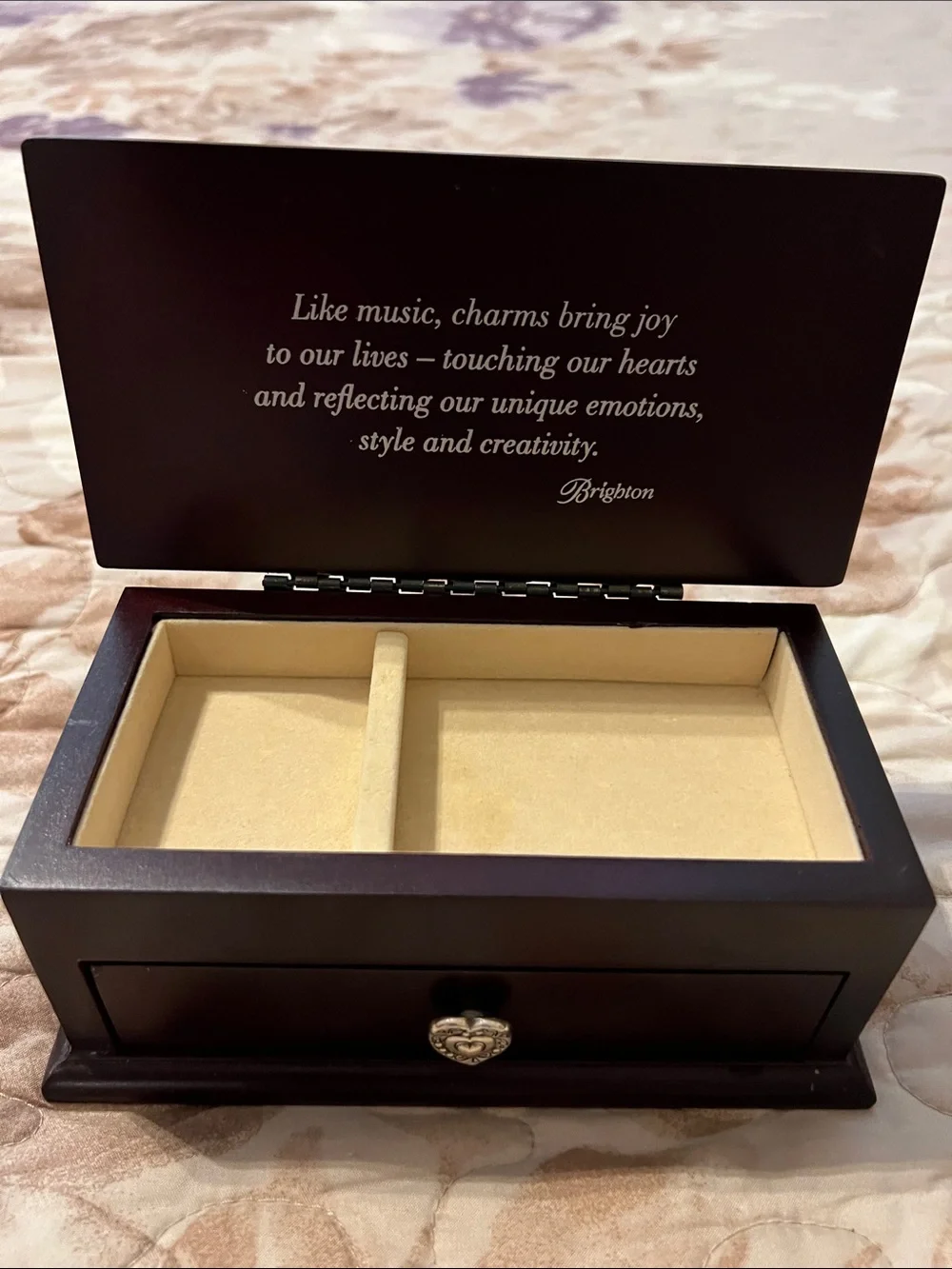 Brighton Wood Mahogany Finish Jewelry Charm Box with Heart Drawer Pull